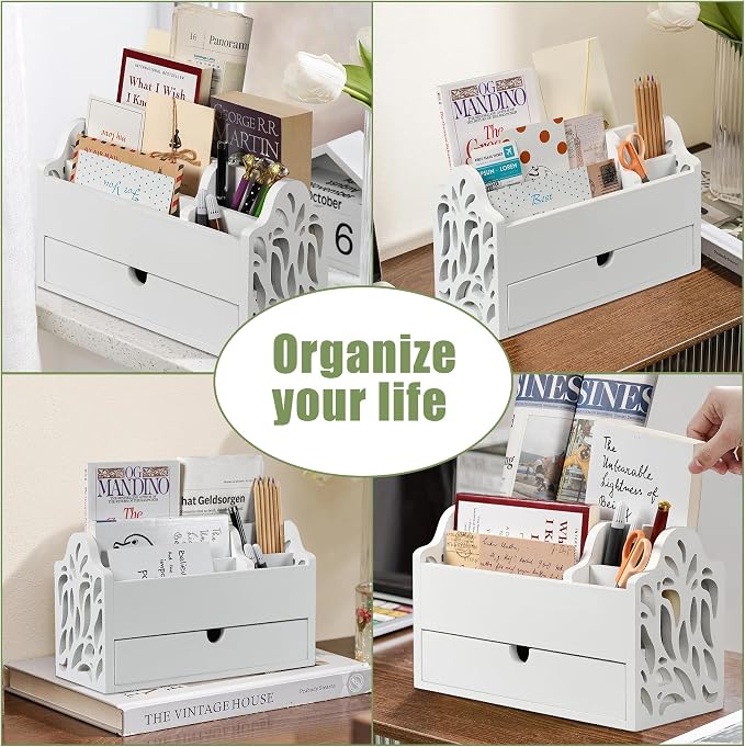 Desk Organizer with Drawer Wood File Office Mail Organizer Countertop | 5 Slot - Image 4