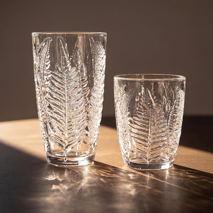 Clear Drinking Glasses Set of 4, 16 oz Glass Cups, Vintage Fern Glassware | - Image 8