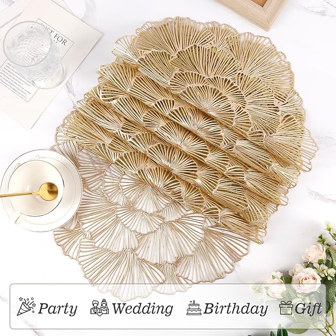 Round Placemats Pressed Vinyl Metallic Flower Place Mats Set of 6 | 15 Inch - Image 3