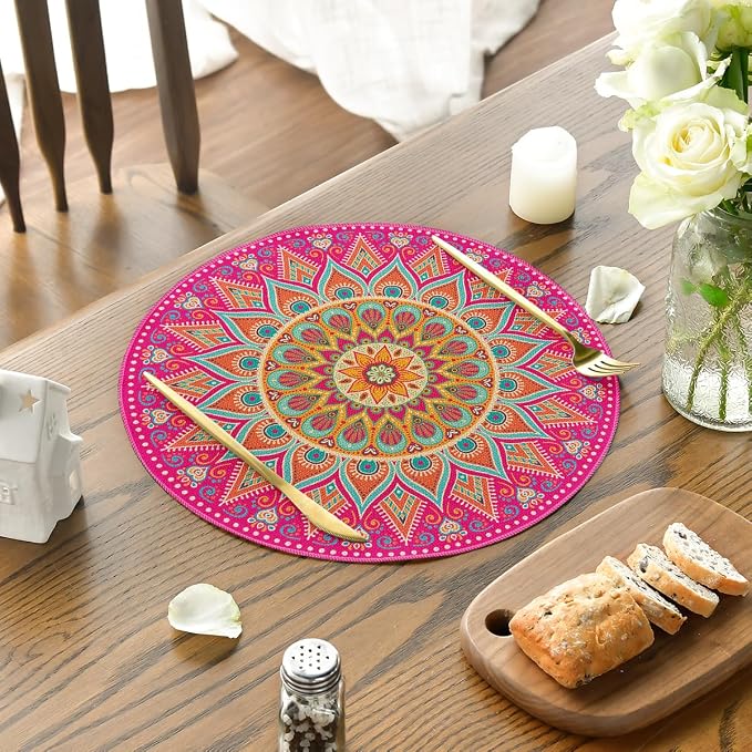 Artoid Mode Pink Yellow Mandala Round Placemats Set of 6, 14 Inch Seasonal - Image 3