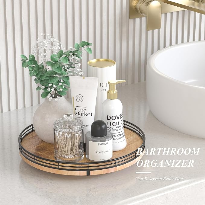 AMH 12-Inch Farmhouse Oak Lazy Susan Organizer | Smooth rotating oak tray - Image 5