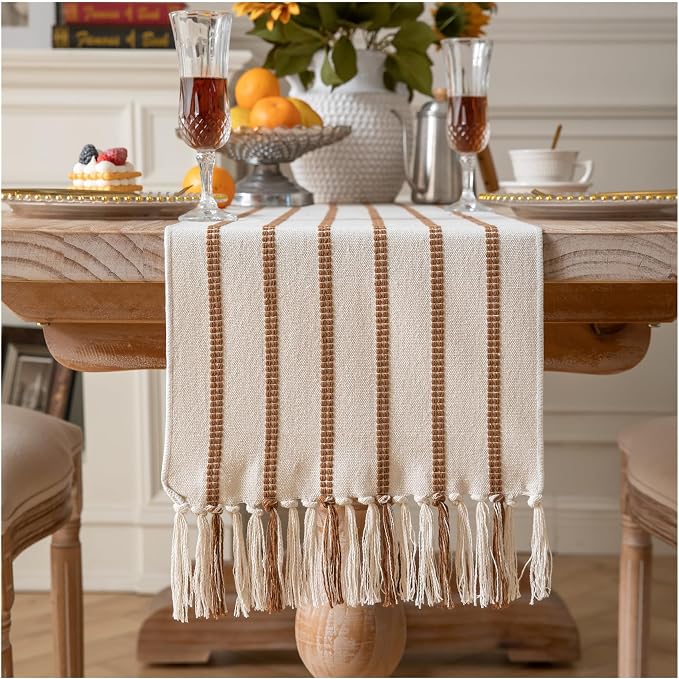 Caflife Boho Table Runner 108 Inchs Long Brown and Beige, Cotton and Linen Woven by Caflife