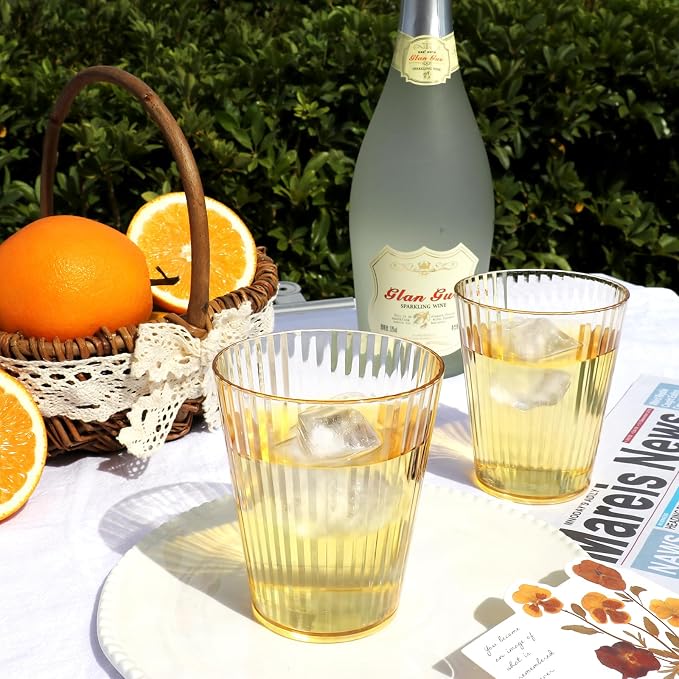 12 PCS Plastic Ribbed Drinking Glasses 10oz Gold Vintage Ripple Stemless Wine - Image 4
