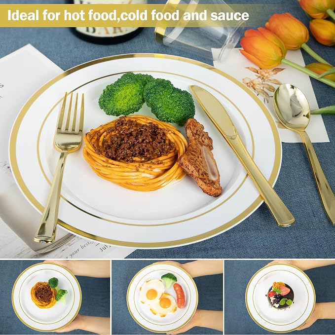 600PCS White and Gold Plastic Plates, Disposable Dinnerware Set | 100 Dinner & - Image 4