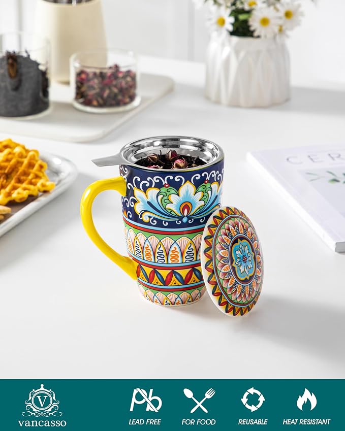 vancasso Ceramic Tea Mug with Infuser and Lid, 18 Ounce Bohemian Loose Leaf Cup - Image 3