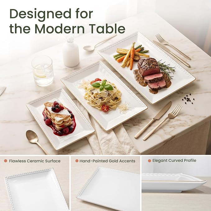 Kassel Ceramic Serving Platter Set | 16”/14”/12” Rectangular Serving Trays - Image 5
