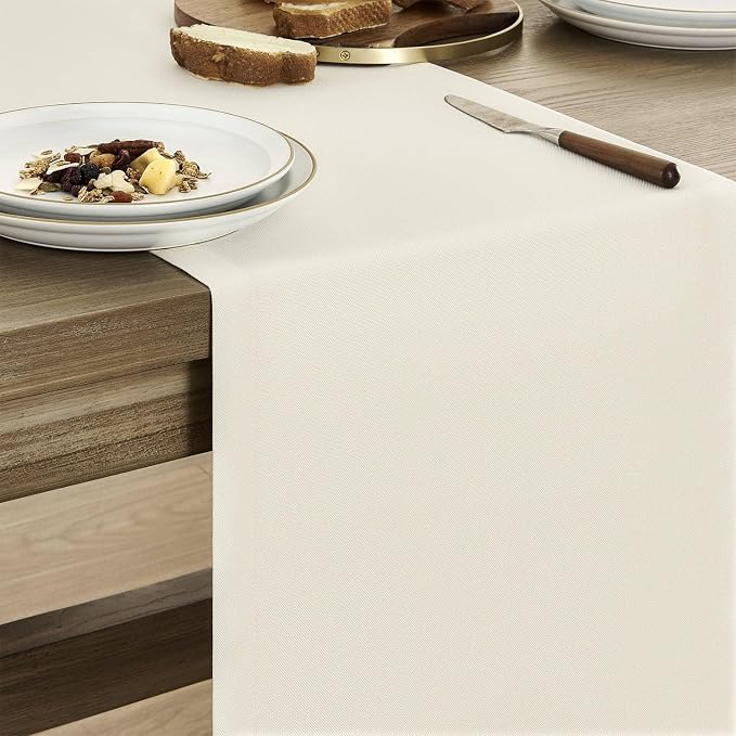 Basic Linen Style Table Runner, 14x36 Inch Ivory | Mitered Corner Design - Image 4