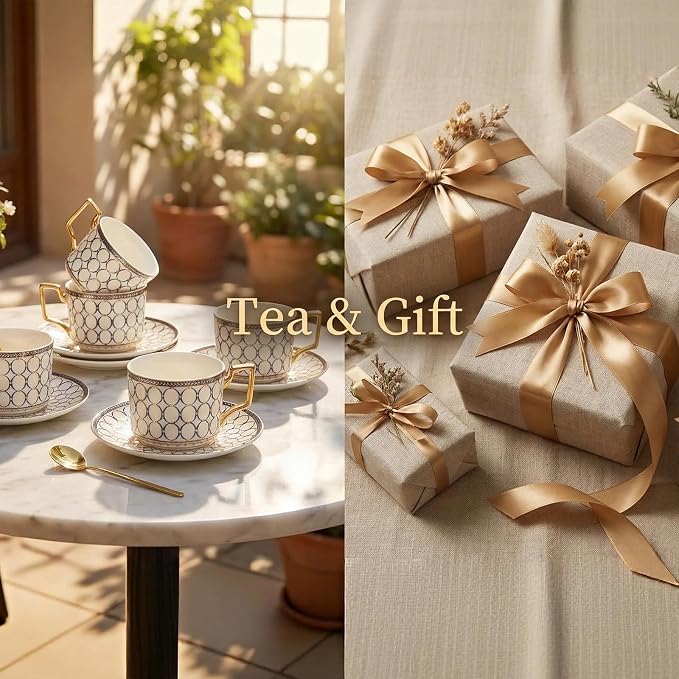 CwlwGO- Bone China Tea Cup Sets, 15-Pieces Tea Cup and Saucer Set Service - Image 7