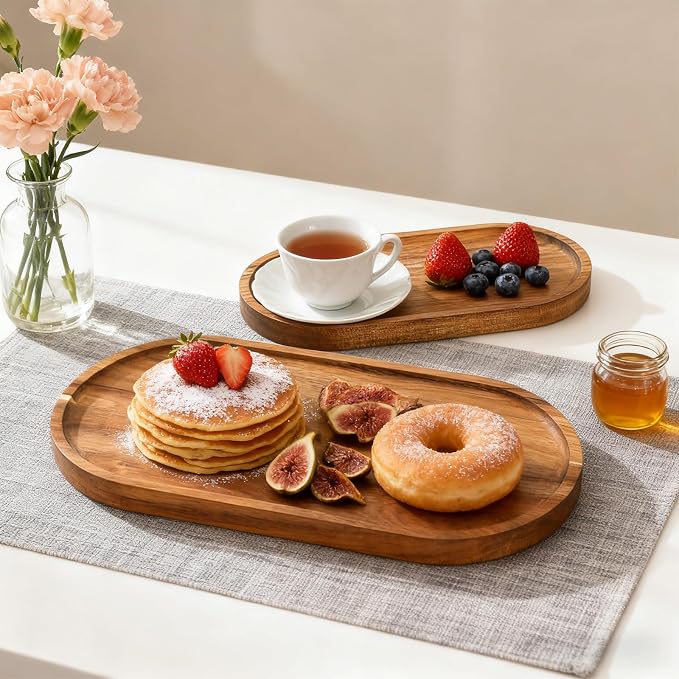 Elsjoy Set of 2 Acacia Wood Serving Trays, Long Wooden Serving Platter Oval - Image 8