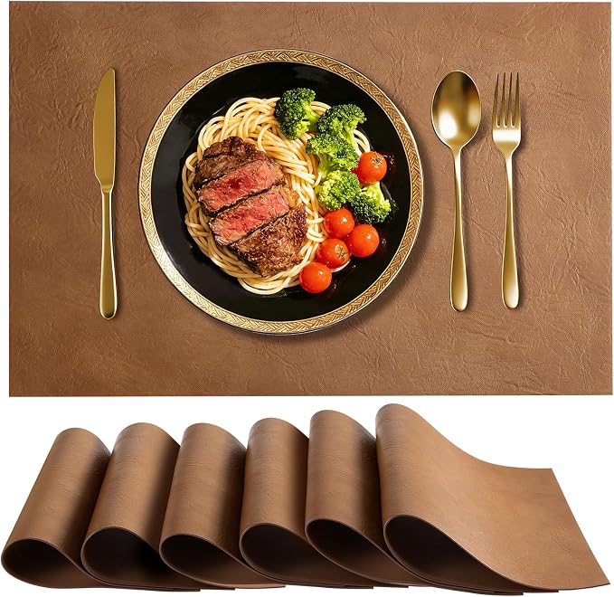 Faux Leather Placemats for Dining Table Set of 6, Edge-Sealed PU Leather Table by Vinjiasin