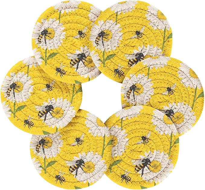 Daisies Bees Yellow Pattern Coasters - Image 2