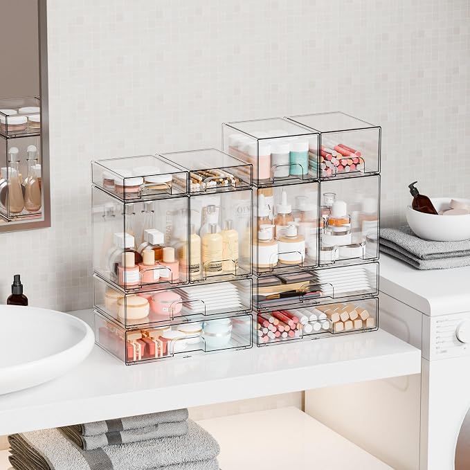 12.1''W Clear Stackable Storage Drawers, Makeup Organizers, Plastic Office - Image 2