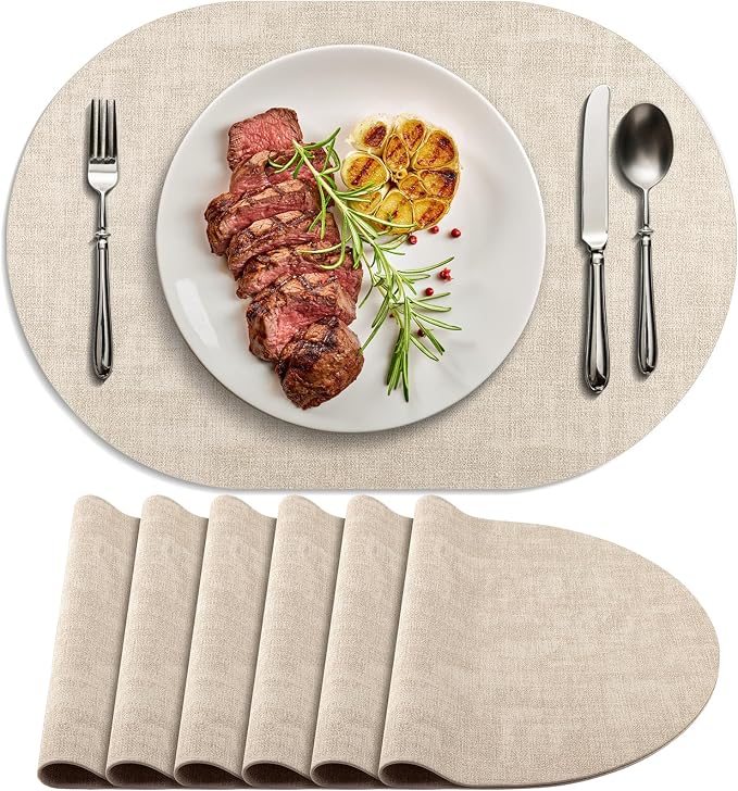 Placemats for Dining Table Set of 6 Non-Slip, Heat Resistant Oval Leather by Delicateandelegantplacemats