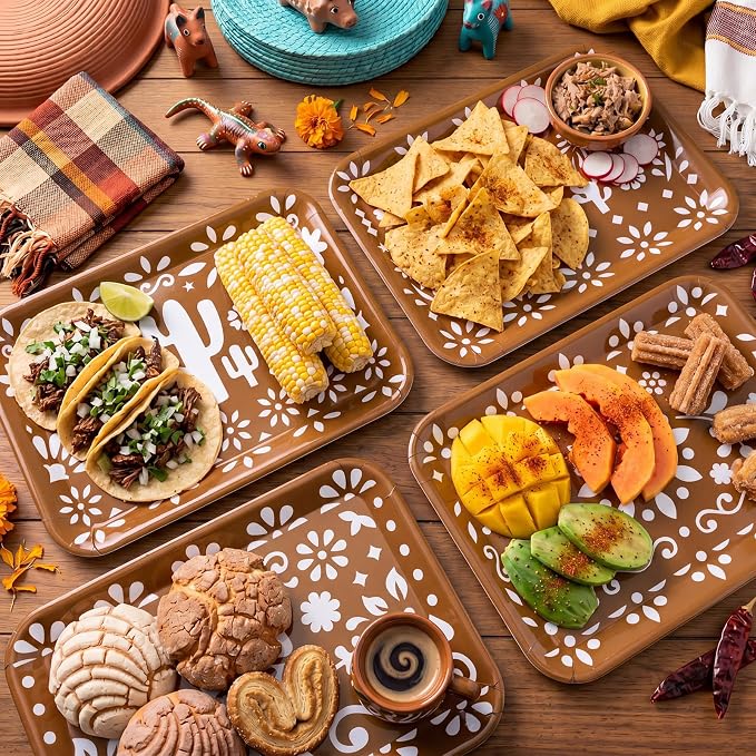4 Pieces Mexican Serving Trays Brown Fiesta Melamine Platters Reusable - Image 4