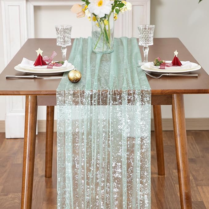 SiinvdaBZX Sage Green Sheer Tulle Table Runner 120 Inch/10 Ft Long | Gauze - Image 3