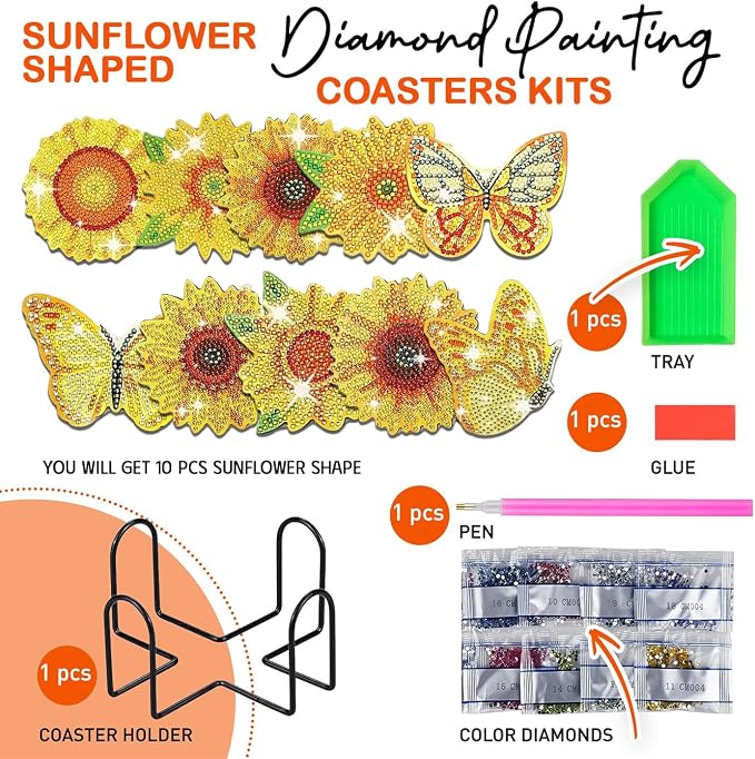10 pcs Diamond Painting Coasters | Diamond Art Coasters | Sunflower Diamond Art - Image 3