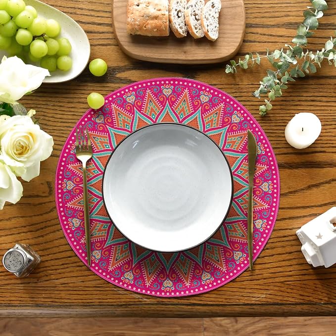 Artoid Mode Pink Yellow Mandala Round Placemats Set of 4, 14 Inch Seasonal - Image 2