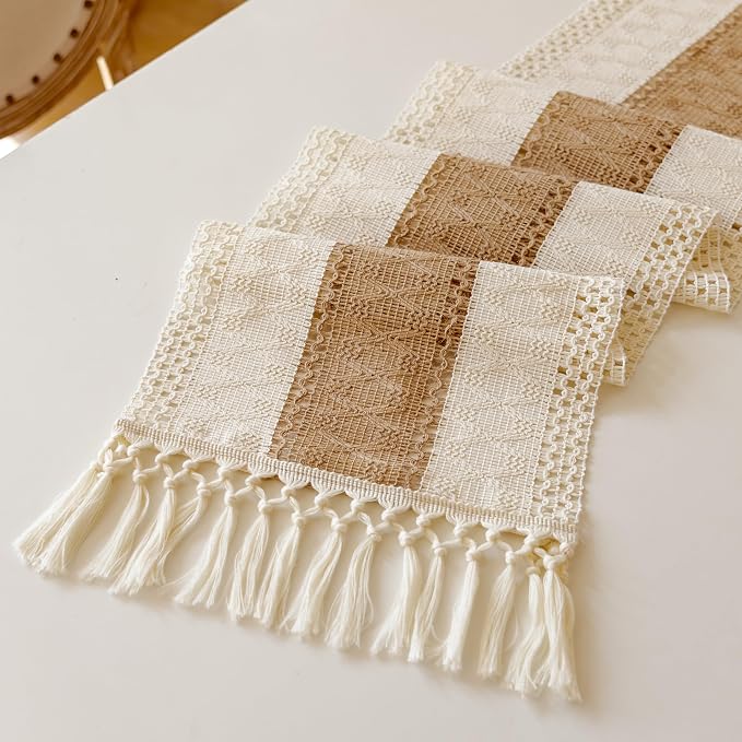 EMMTEEY Boho Table Runner with Tassels 72 Inches Long, Cream Brown | Handmade - Image 6