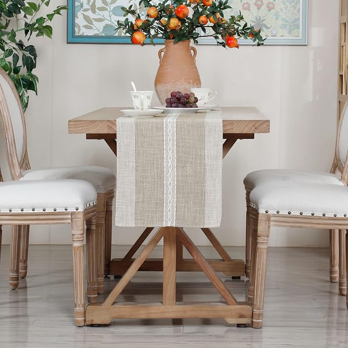 NEWISHER Farmhouse Braided Striped Embroidery Table Runner 60 inches, Rustic - Image 7