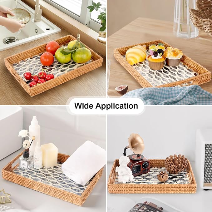 Rectangle Rattan Tray with Mother of Pearl Inlay, Rattan Serving Tray with - Image 3