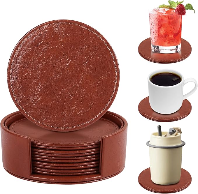 Leather Coasters Set of 6 with Holder, Tabletop Protection, Coffee Table & Bar - Image 6