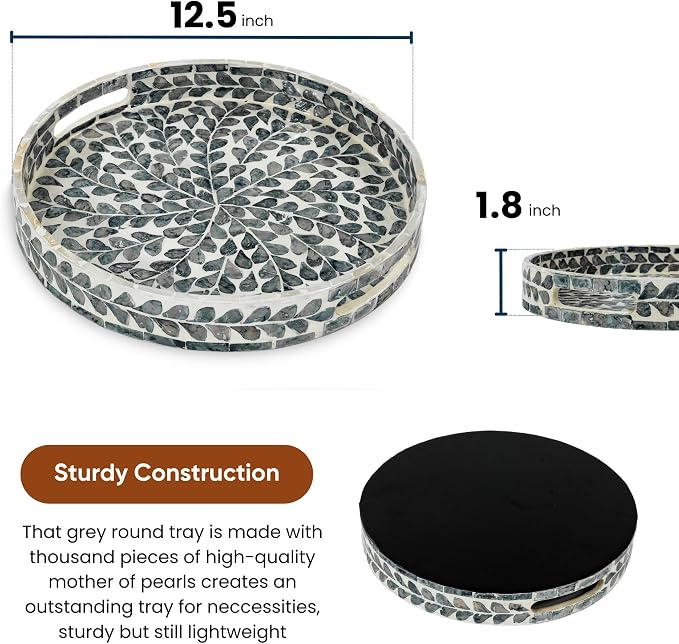 Serving Tray 12.5 Inch, Lacquer Mother of Pearl Inlay Mosaic Tray, Round Wooden - Image 2