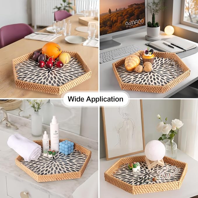 Hexagon Rattan Tray with Mother of Pearl Inlay, Rattan Serving Tray - Image 4