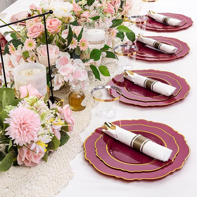 350PCS Red Plastic Plates-Disposable Burgundy Red and Gold Plates 50guest - Image 2