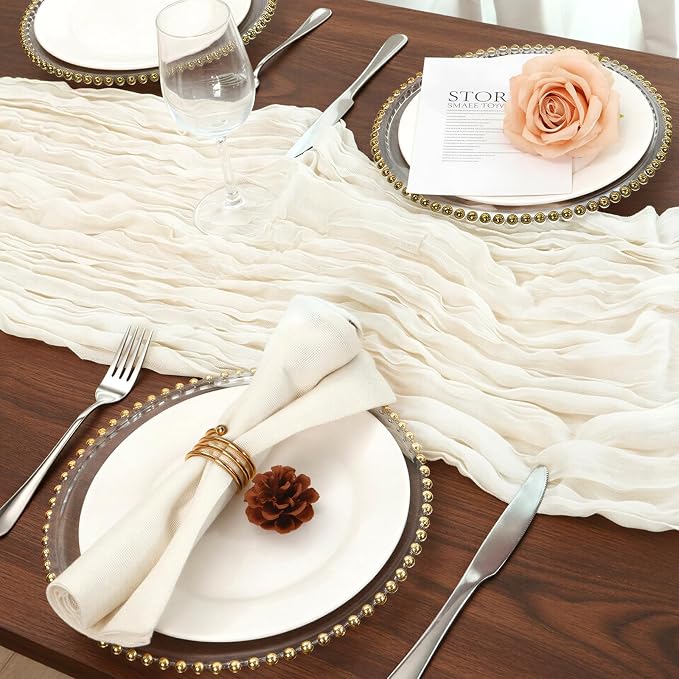 8 Pack Ivory White Cheesecloth Table Runner 120 Inch Boho Wedding Decor | - Image 5