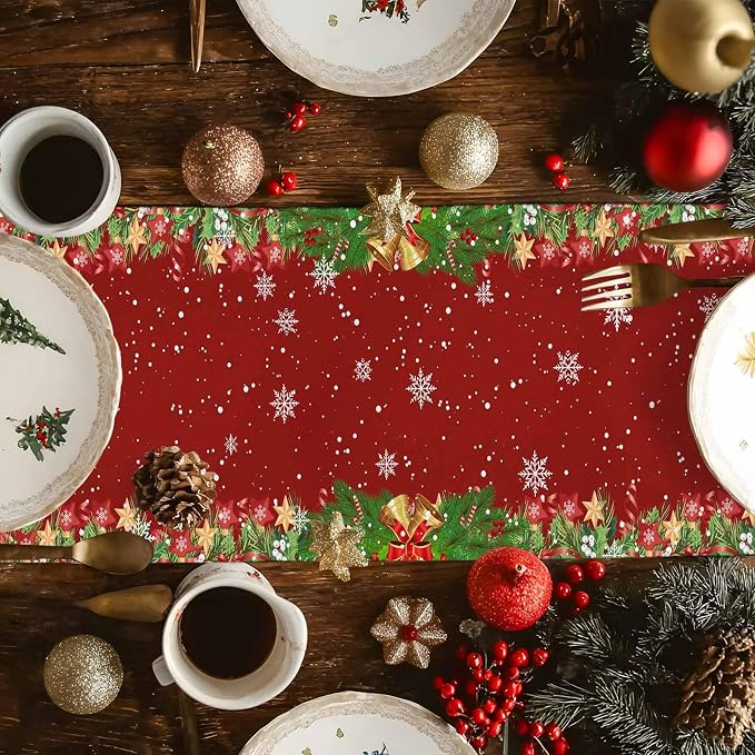 Merry Christmas Table Runner 72 Inches Long, Santa Xmas Tree Snowflake Table - Image 4