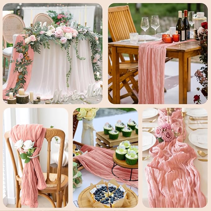 Cheesecloth Table Runner Dark Rose 10FT Boho Gauze Runner, 3 Pack | 120 Inch - Image 7
