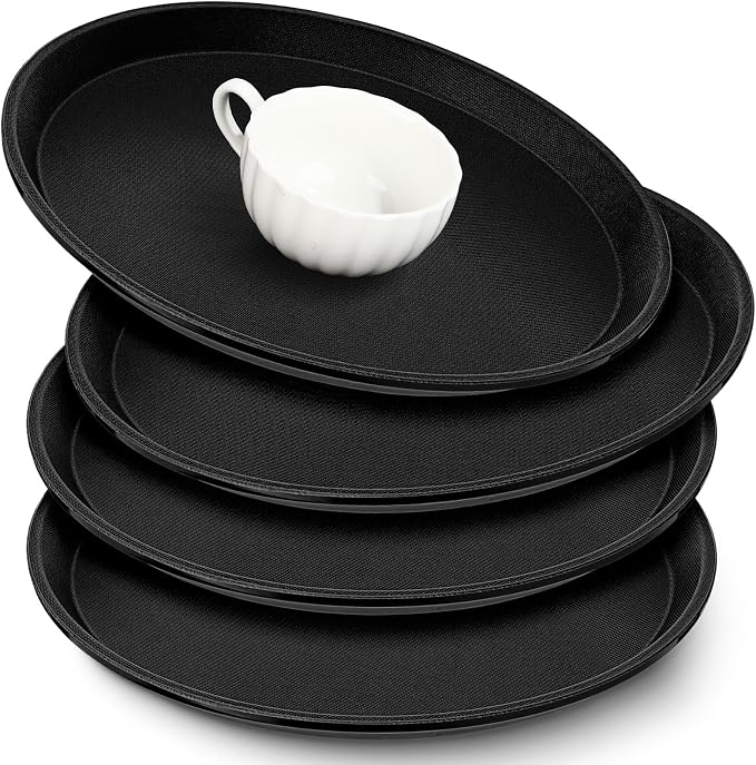 Zopeal 4 Pieces 11" Black Round Restaurant Serving Tray, Plastic Non Slip by Zopeal