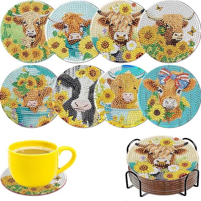 8 Pcs Sunflower Diamond Art Painting Coasters Kits by Unknown