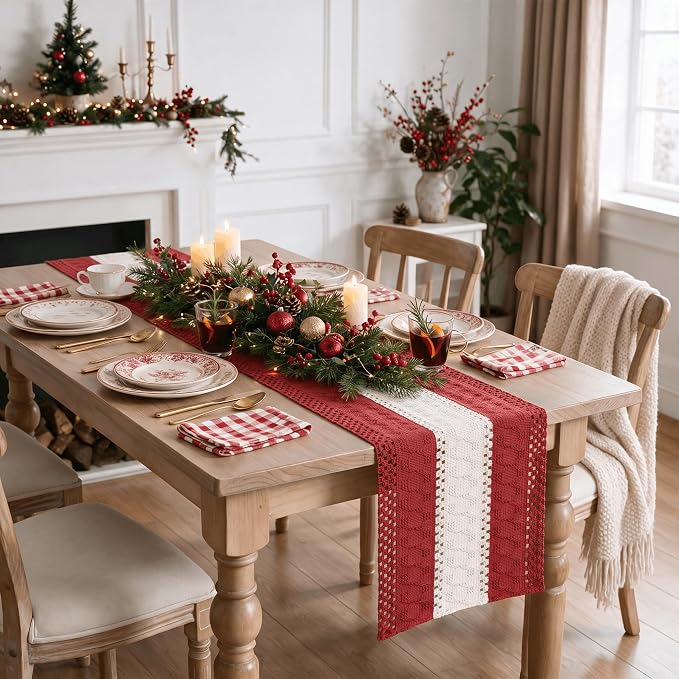Artoid Mode Rose Red Farmhouse Woven Table Runner 12x36 Inch | Holiday Rustic - Image 6