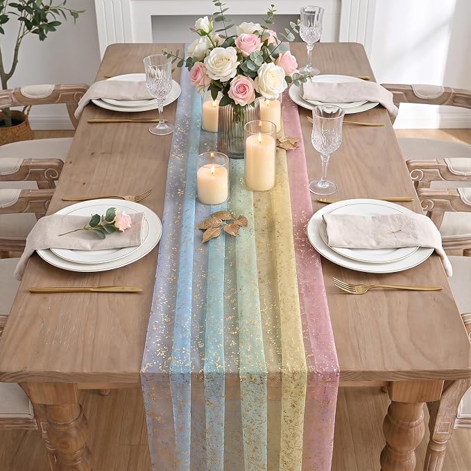 Artoid Mode 6-Pack Gold Gauze Table Runner 120 Inch 10FT, Rainbow Glitter - Image 3
