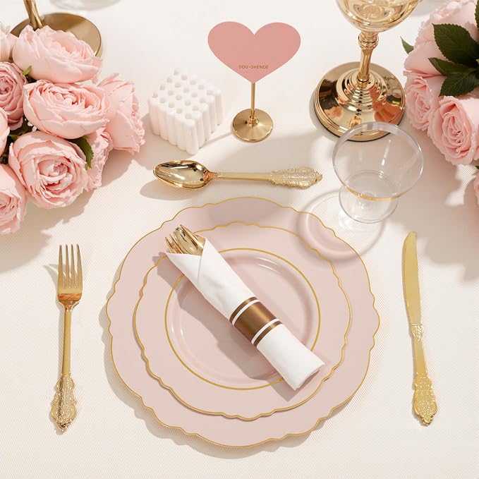 350PCS Pink Plates Disposable-PinK Plates 50guest Baroque Plastic Dinnerware - Image 7