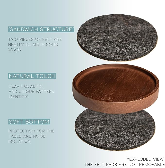 Wood Coaster for Drinks, 4.3 Inch, Absorbent and Insulation Felt Stackable Cup - Image 3