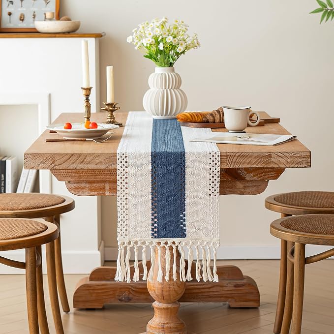 Boho Table Runner for Home Decor 12x60 Blue Fall Rustic Decorations | 60 Inches - Image 2