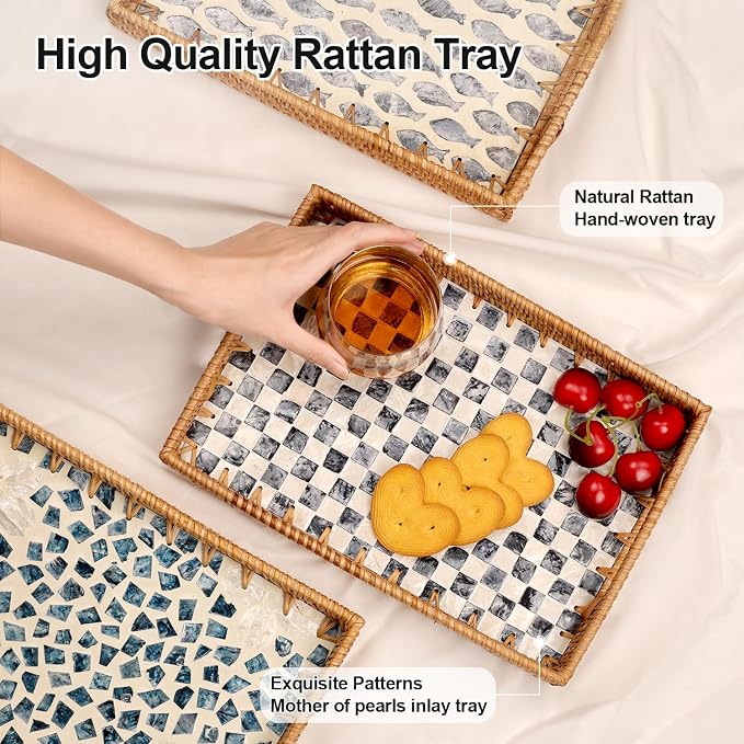 Rectangle Rattan Tray with Mother of Pearl Inlay, Rattan Serving Tray with - Image 4