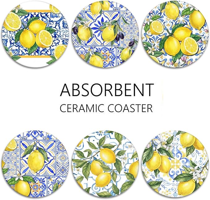 Coasters for Drinks, Ceramic Stone Yellow Blue | Absorbent Round Lemon Fruit - Image 6