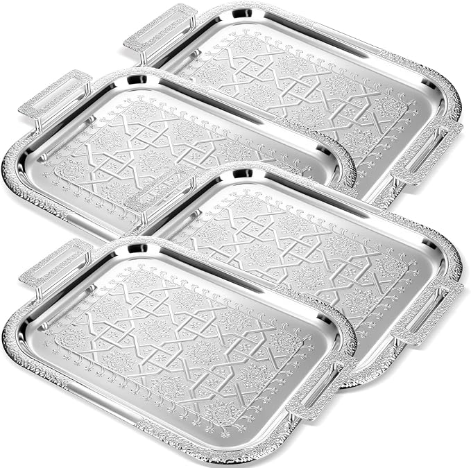 4 Pack Serving Tray with Handles 15.16 x 11.92 Inch Large Metal Plate Floral by Unknown