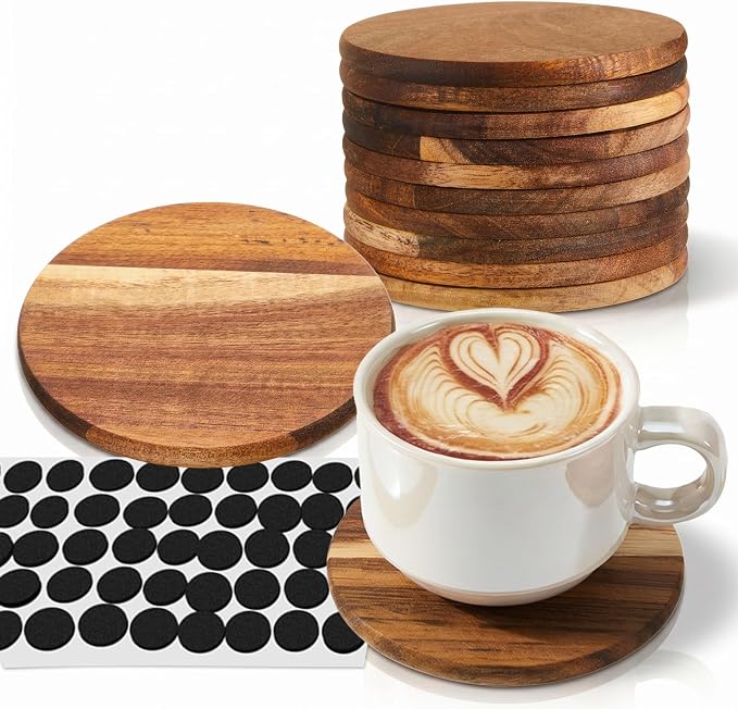 12 Pcs Unfinished Acacia Wood Coasters Bulk, 4 Inch Round Wooden Coasters by Ferrochef