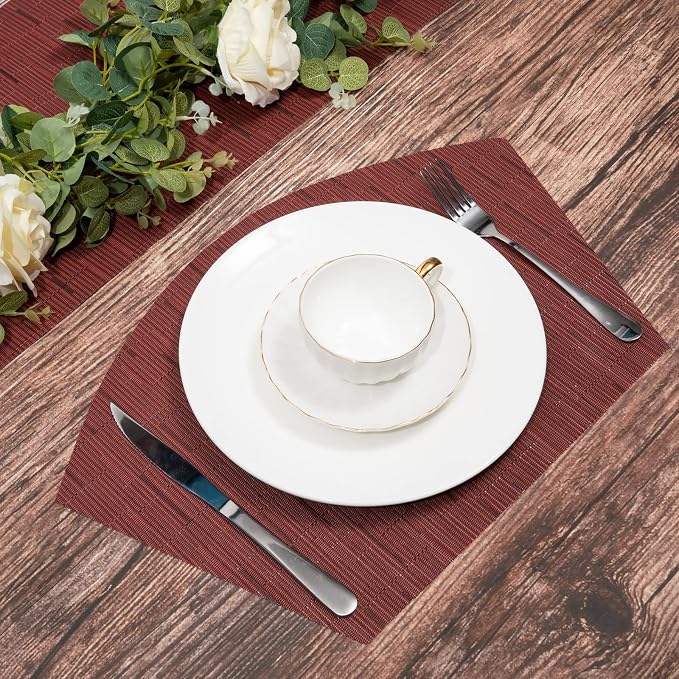 SHACOS Small Round Table Placemats Set of 4 Wedge Placemats Burgundy Red Heat - Image 6
