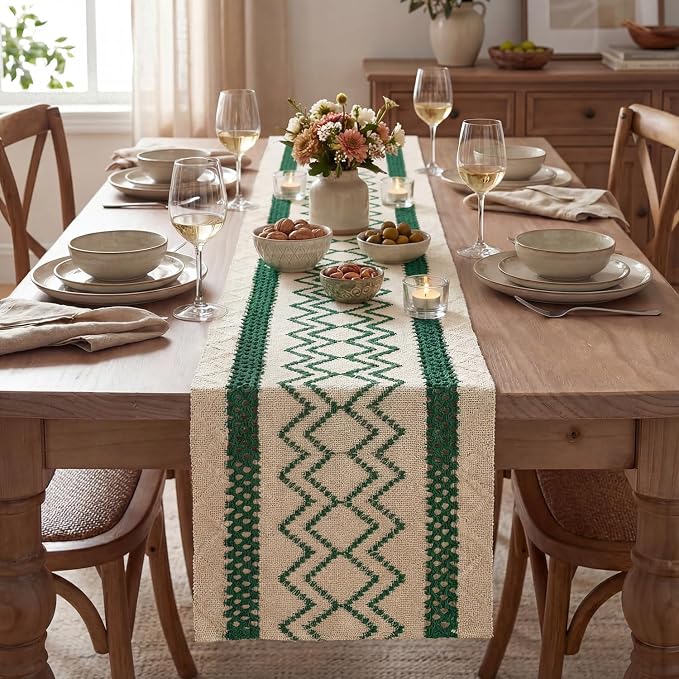 Artoid Mode Forest Green Stripe Diamond Woven Table Runner 12x90 Inch | Holiday - Image 2