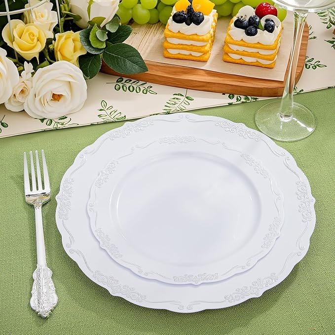 DaYammi 60PCS White and Silver Plastic Plates, Heavy Duty White and Silver - Image 6