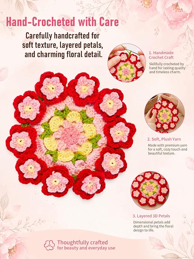 Crochet Flower Bouquet Coasters, Peach Blossom Gift - Image 4