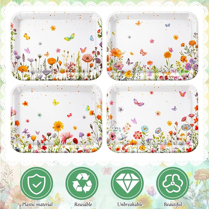4 Pieces Wildflower Serving Trays Flower Melamine Platters Reusable Rectangle - Image 2