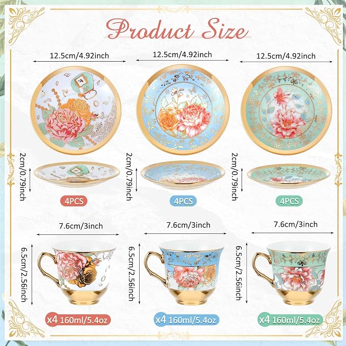 Teenyyou Set of 12 Tea Cups and Saucers Tea Party Decorations Floral Porcelain - Image 2