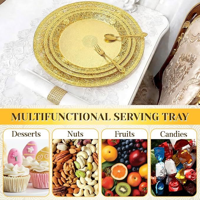 10 Pack Gold Plastic Serving Tray Bulk Lightweight Round Party Snack Serving - Image 4
