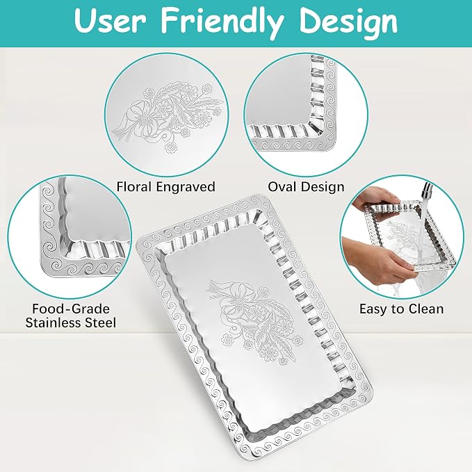 6-Pack Silver Serving Trays Set – Swirl Floral Engraved Serving Platters - Image 7
